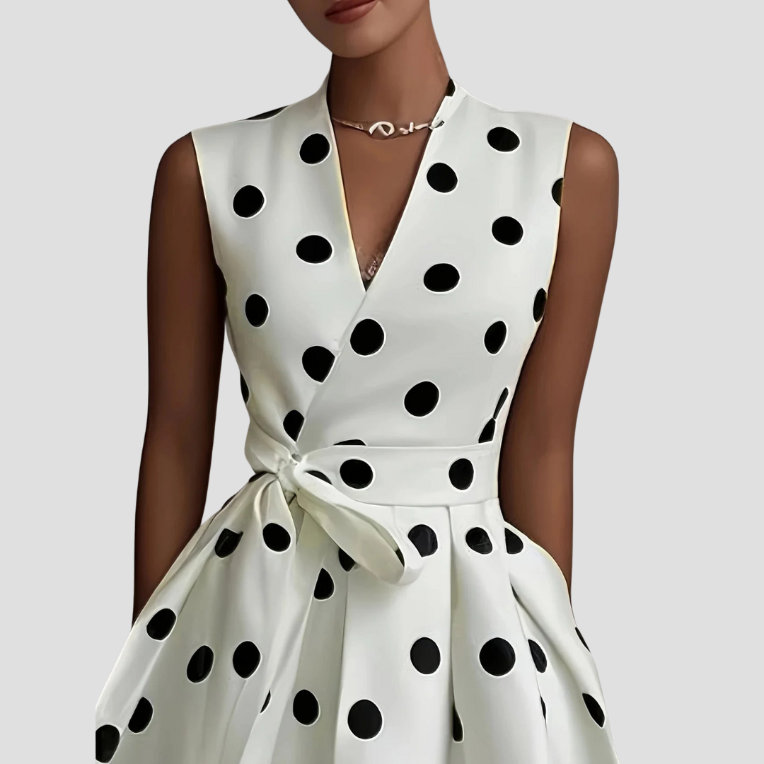 Anna-Berg | Midi Dress - Polka Dot, Wrap Front, Tie Waist, Sleeveless