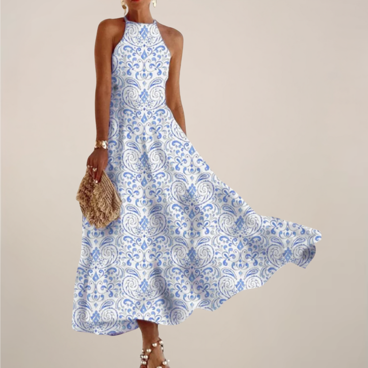 Anna-Berg | Printed Halter Neck Maxi Dress - A-Line Flowy Anna-Berg | Printed Halter Neck Maxi Dress - A-Line Flowy