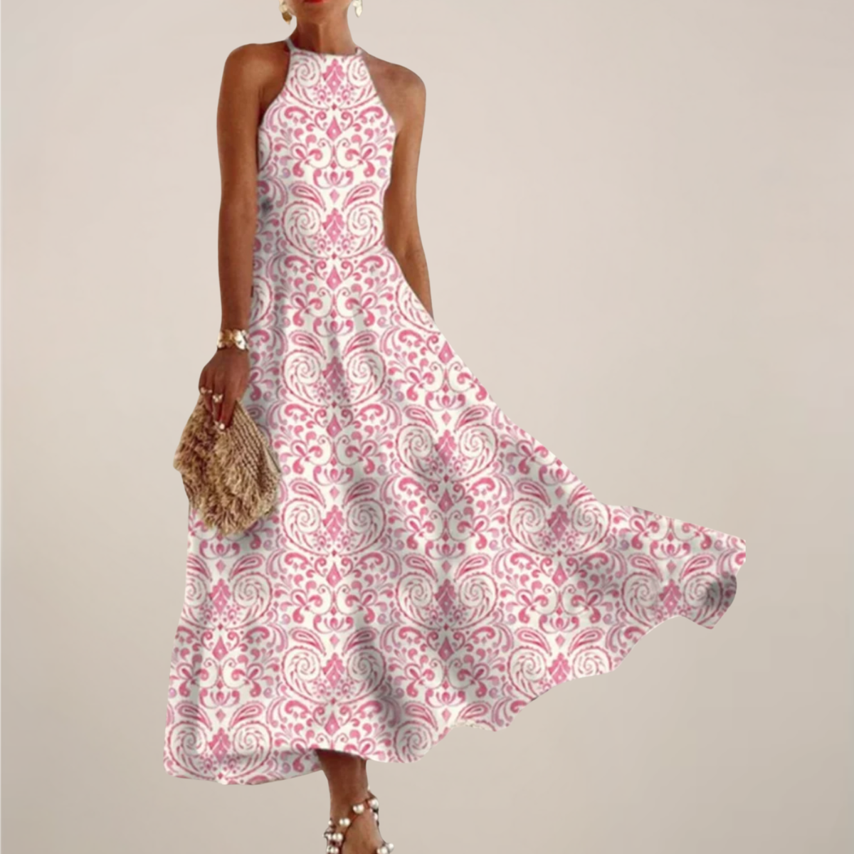 Anna-Berg | Printed Halter Neck Maxi Dress - A-Line Flowy Anna-Berg | Printed Halter Neck Maxi Dress - A-Line Flowy