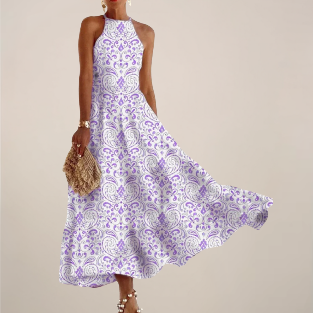Anna-Berg | Printed Halter Neck Maxi Dress - A-Line Flowy