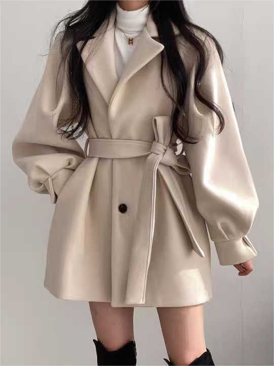 Anna-Berg | Puff Sleeve Belted Coat - Lapel Collar, Short Length