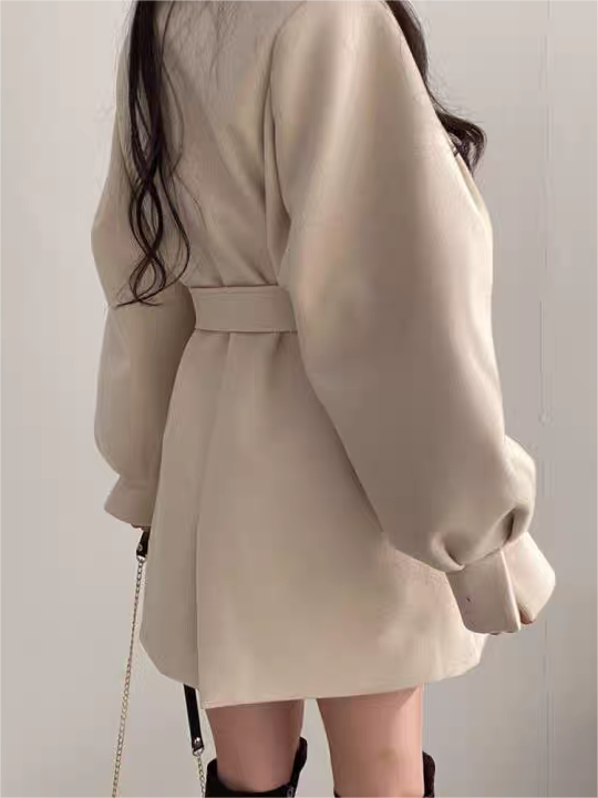 Anna-Berg | Puff Sleeve Belted Coat - Lapel Collar, Short Length