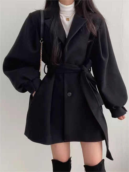 Anna-Berg | Puff Sleeve Belted Coat - Lapel Collar, Short Length