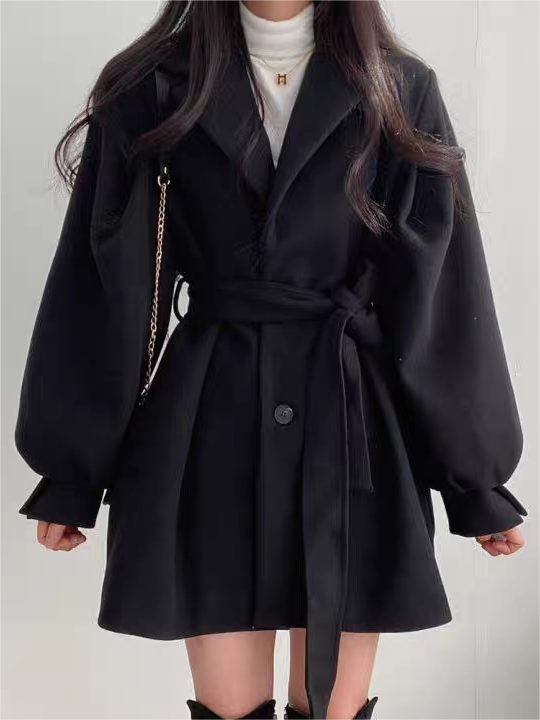 Anna-Berg | Puff Sleeve Belted Coat - Lapel Collar, Short Length