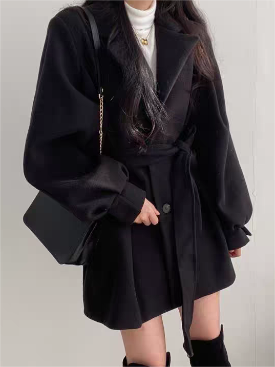 Anna-Berg | Puff Sleeve Belted Coat - Lapel Collar, Short Length