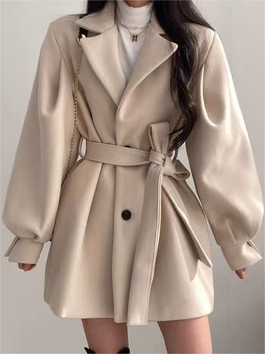 Anna-Berg | Puff Sleeve Belted Coat - Lapel Collar, Short Length