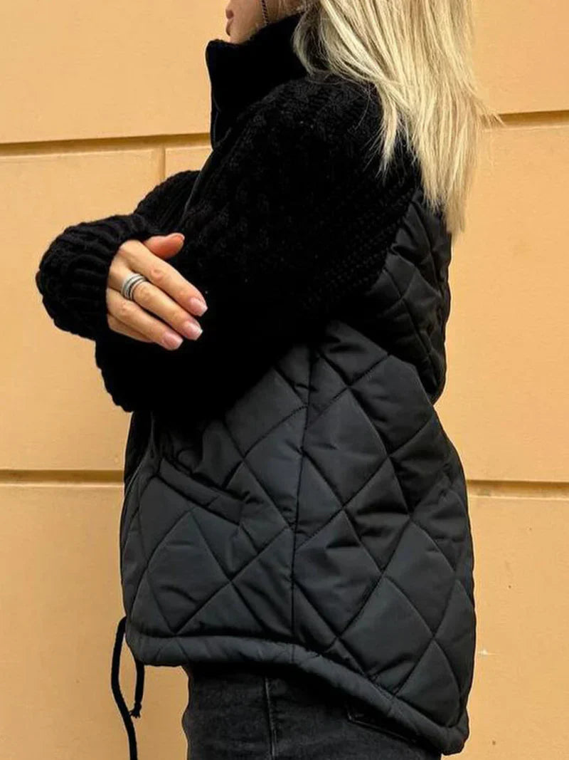 Anna-Berg | Quilted Jacket - Textured Sleeves, Funnel Neck, Zip Front