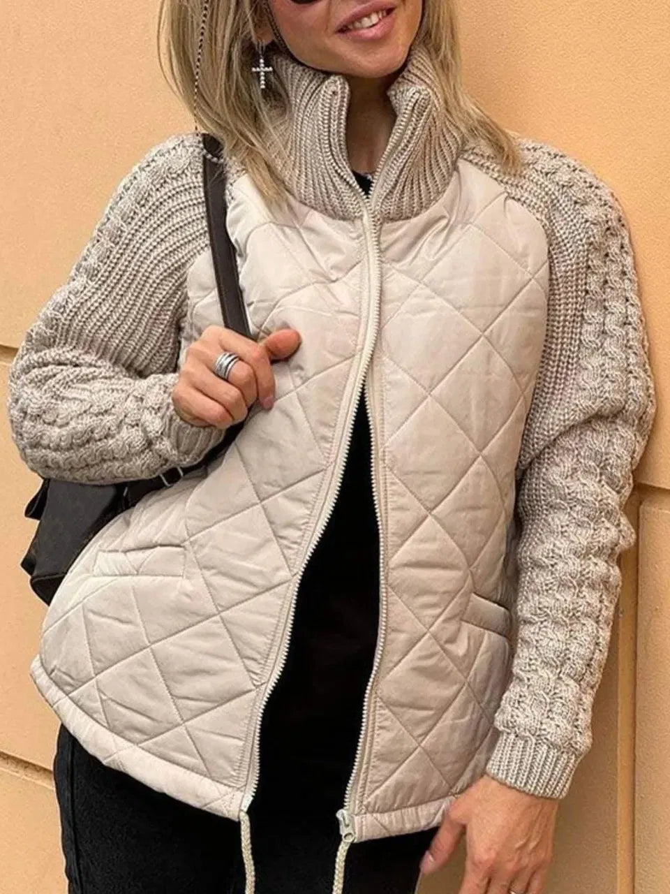 Anna-Berg | Quilted Jacket - Textured Sleeves, Funnel Neck, Zip Front