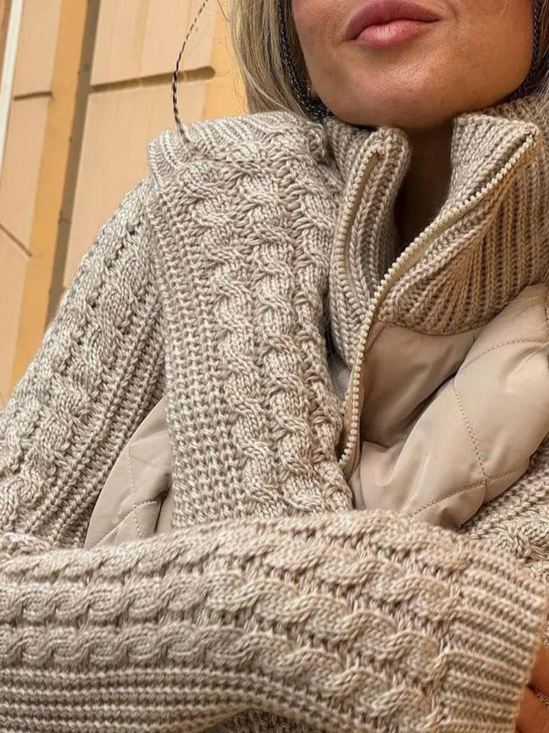 Anna-Berg | Quilted Jacket - Textured Sleeves, Funnel Neck, Zip Front
