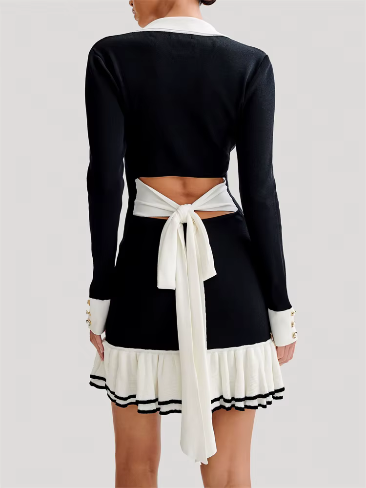Anna-Berg | Mini Knit Dress, Contrast Trim, Collared, Button-Front