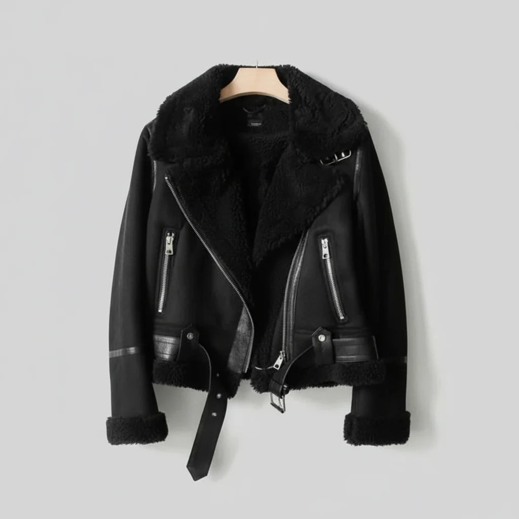 Anna-Berg | Biker Jacket - Shearling, Sherpa Lined, Belted Hem