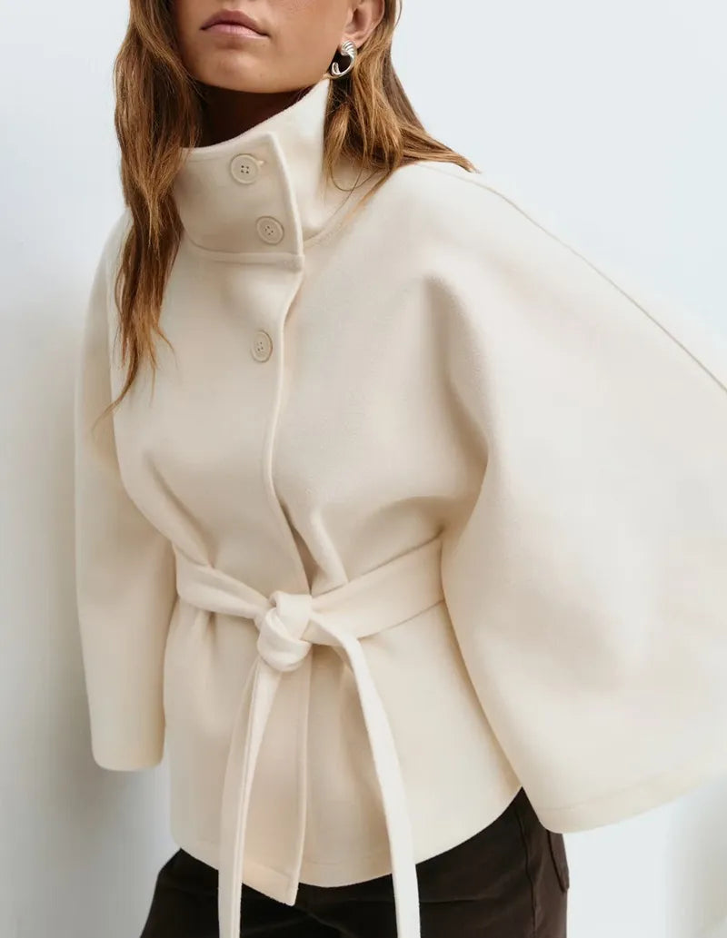 Anna-Berg | Short Cape Coat - Funnel Neck, Belted Waist, Cape Sleeves