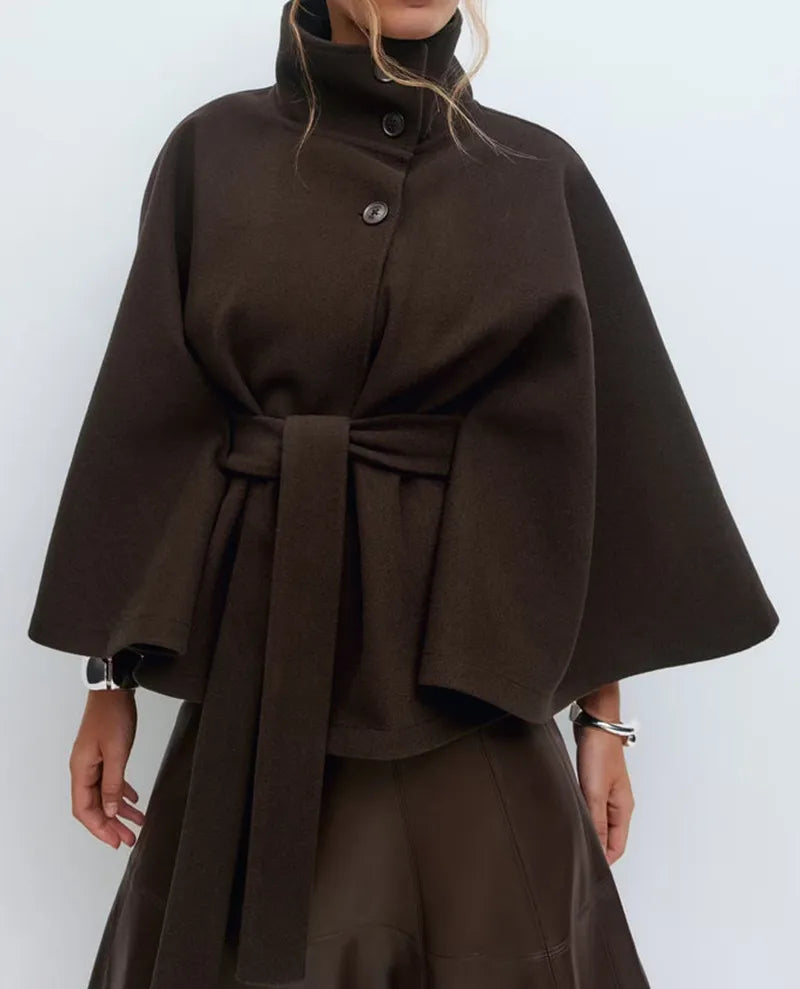 Anna-Berg | Short Cape Coat - Funnel Neck, Belted Waist, Cape Sleeves