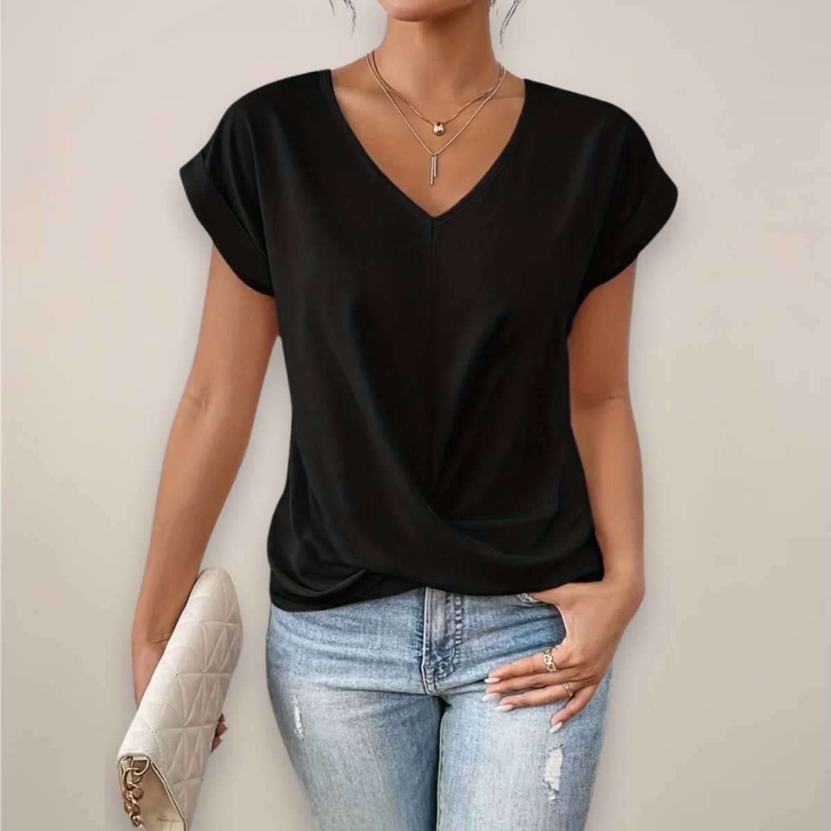 Anna-Berg | Short Sleeve Twist Front Top – V-Neck