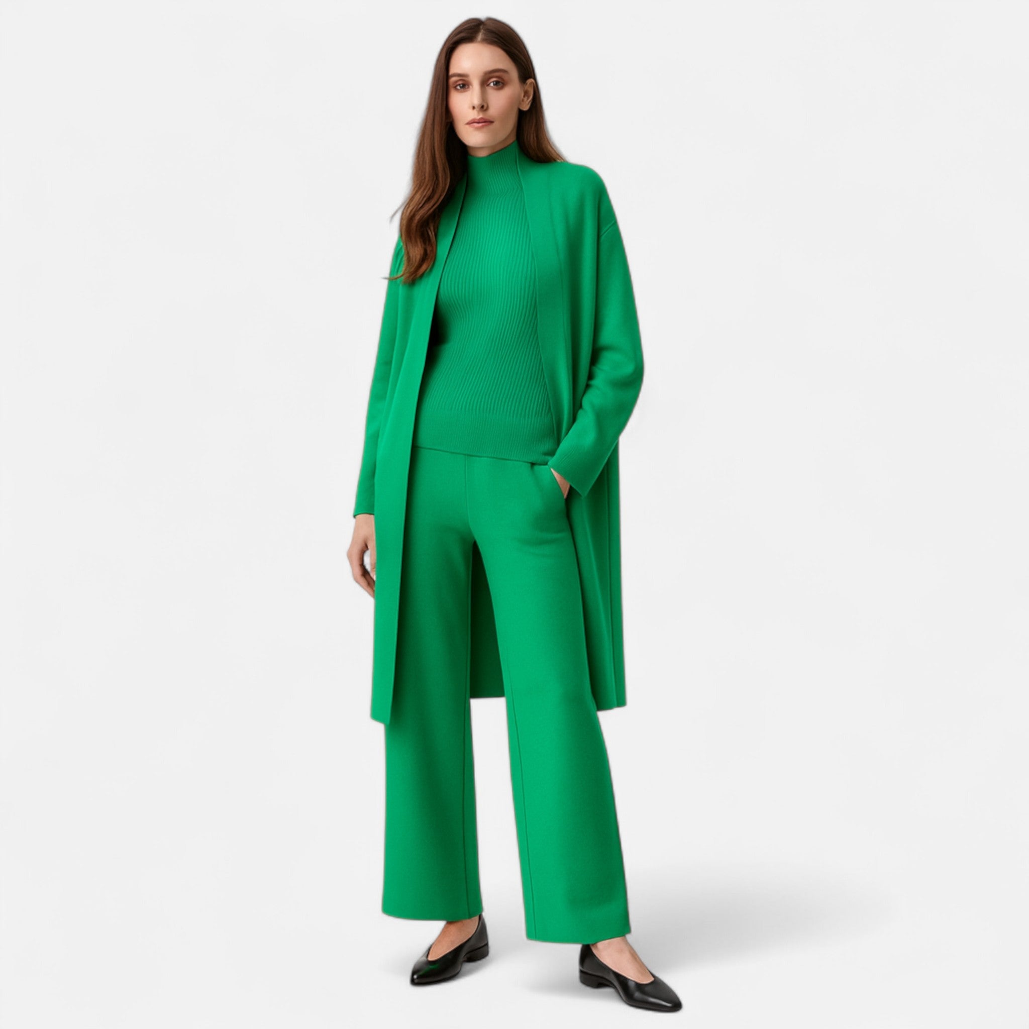 Anna-Berg | Three-Piece Set - Sleeveless Top, Wide-Leg Trousers, Longline Cardigan