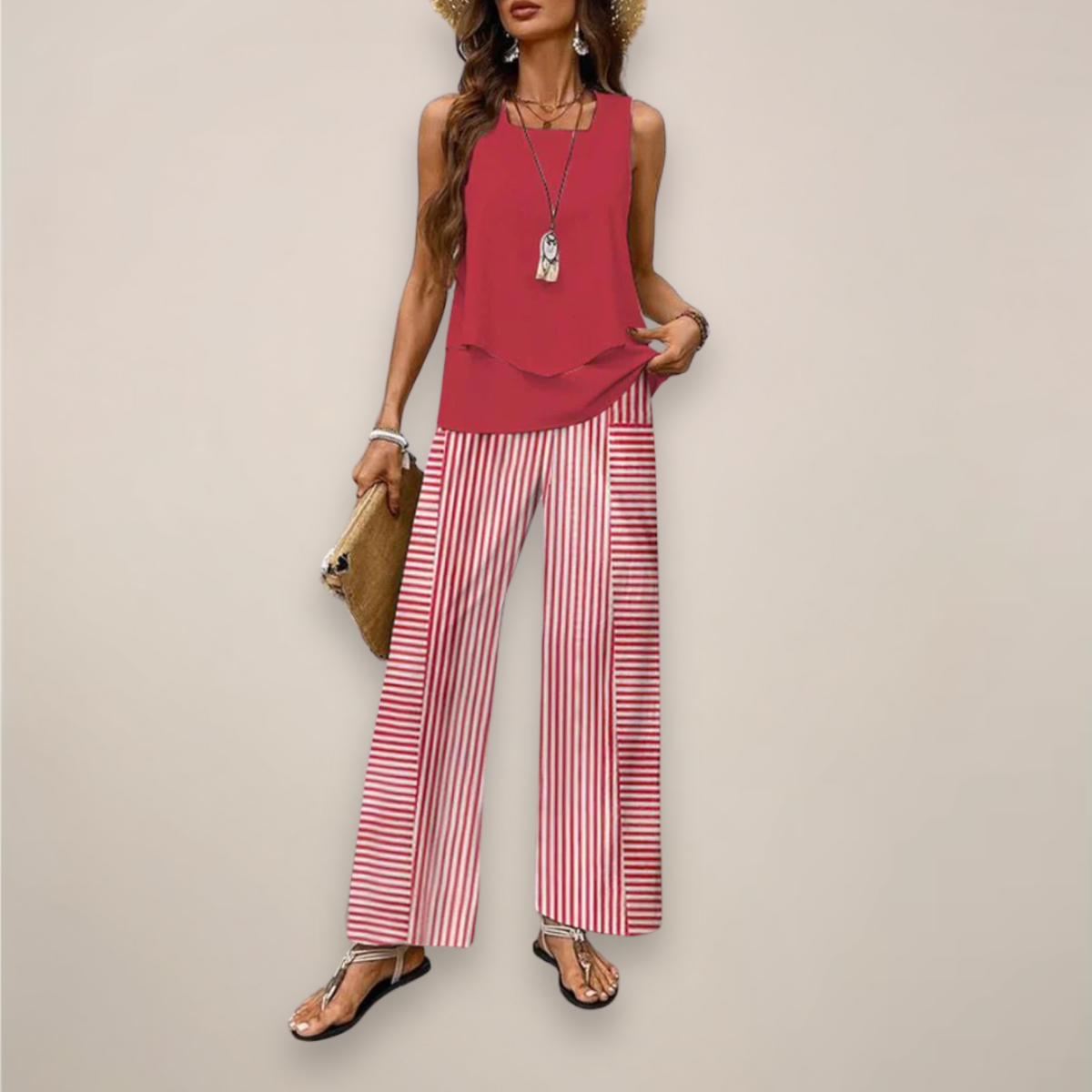 Anna-Berg | Two-Piece Set - Sleeveless Top with Straight-Leg Trousers