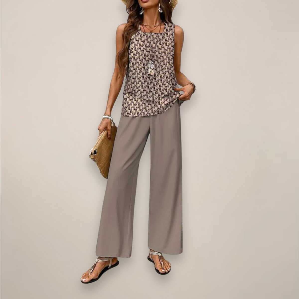 Anna-Berg | Two-Piece Set - Sleeveless Top with Straight-Leg Trousers