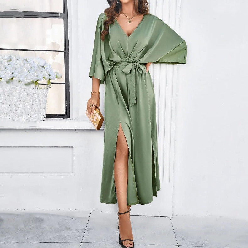 Anna-Berg | Maxi Dress - V-Neck, Tie-Waist, Kimono Sleeve, High Slit