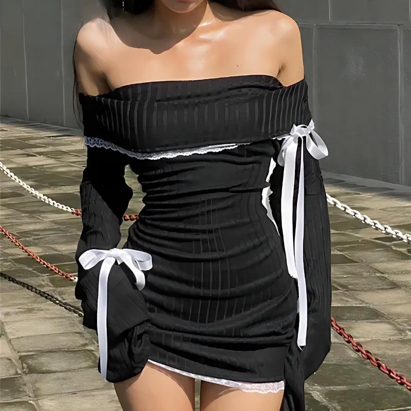Anna-Berg | Y2K Corduroy Off Shoulder Bow Dress