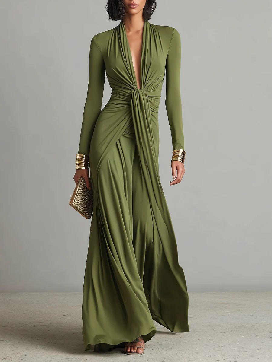 Anna-Berg | Elegant Glamorous Maxi Dress With A Deep V-neckline And Pleating