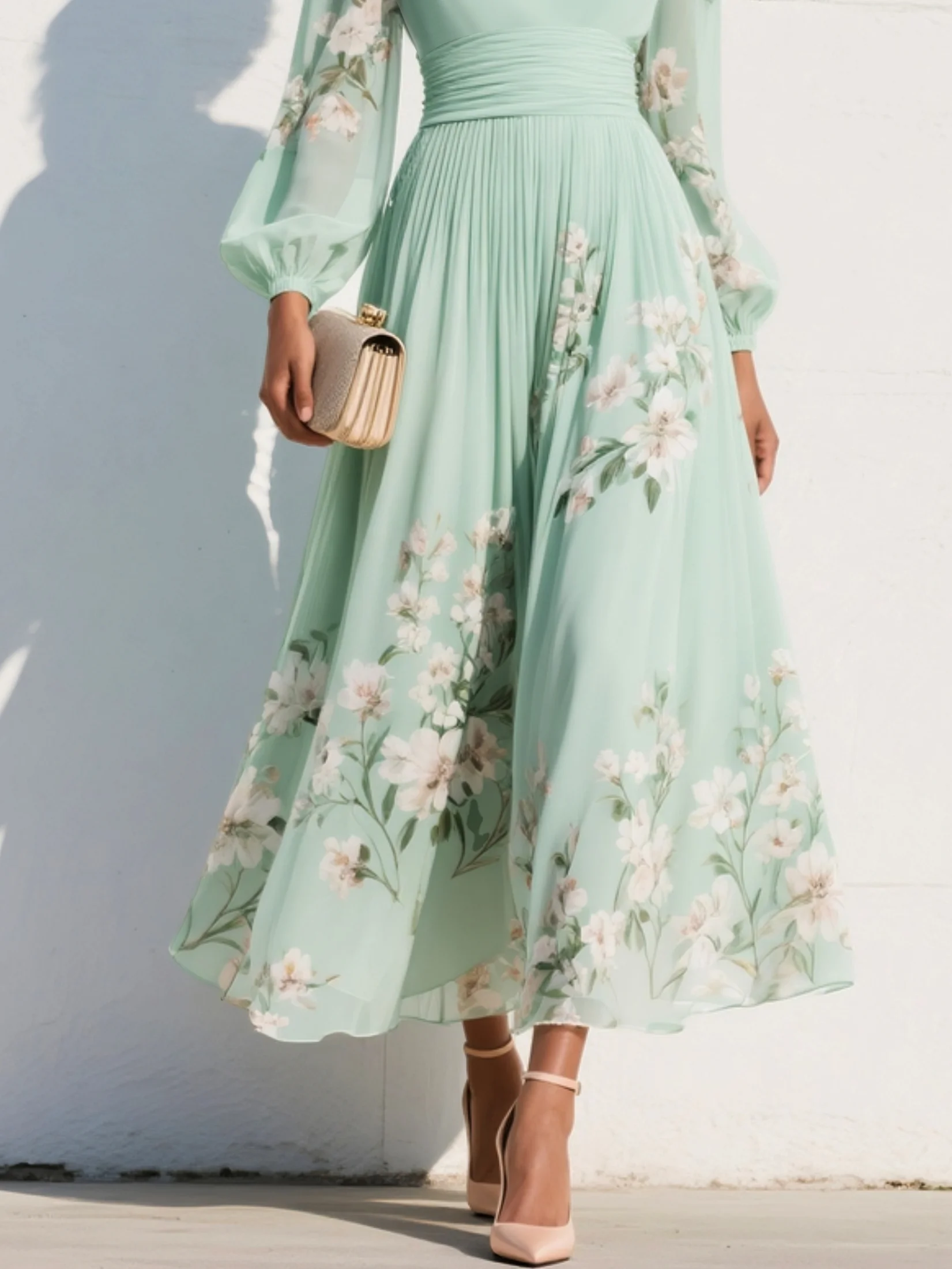 Anna-Berg | Effortless Light Green Midi Dress With V-Neck In Floral Chiffon