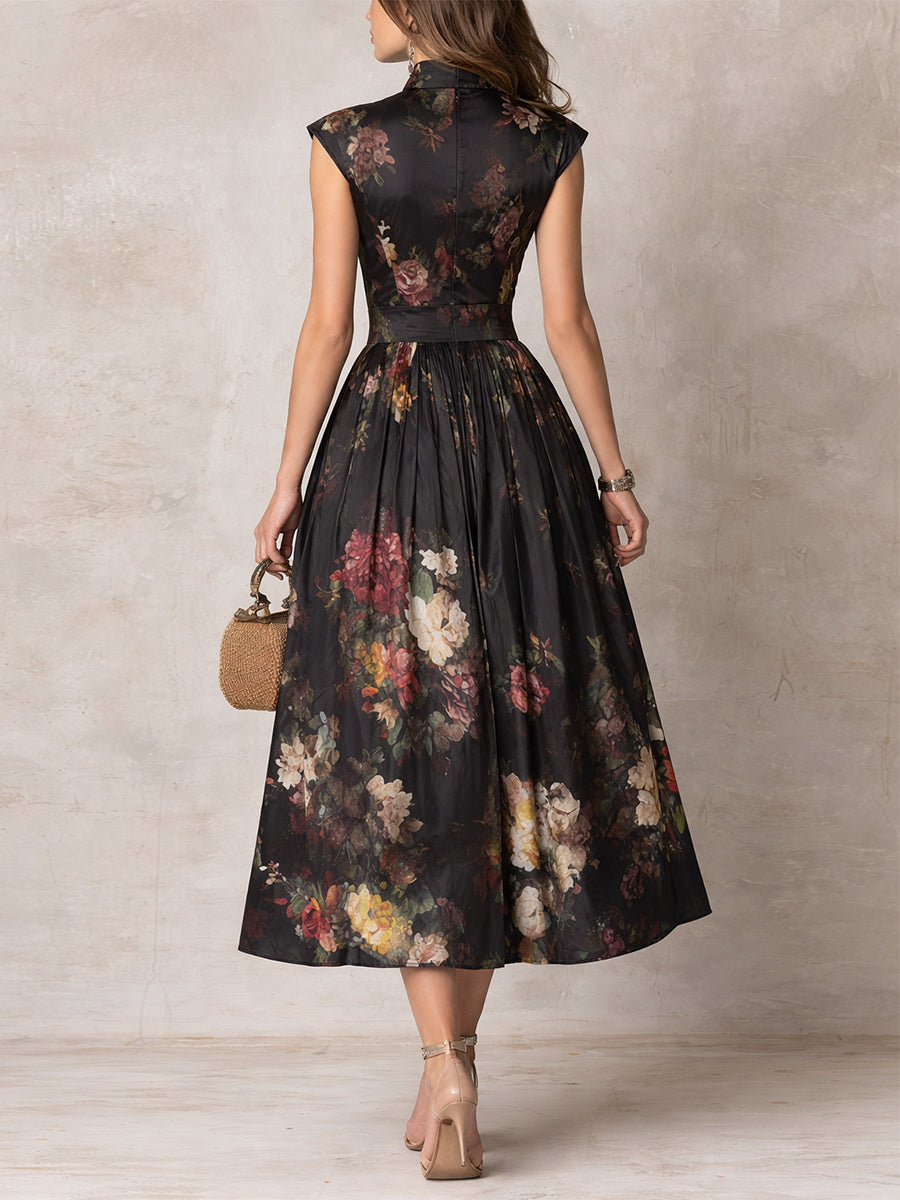 Anna-Berg | Feminine Violetta - Black Midi Dress In Pleated Satin With Floral Pattern And Keyhole Neckline