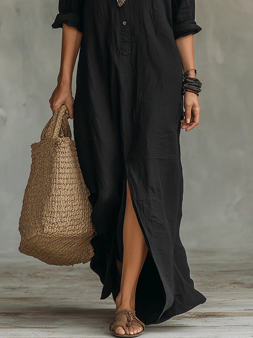 Anna-Berg | Sculpted Long Black Dress With Buttons