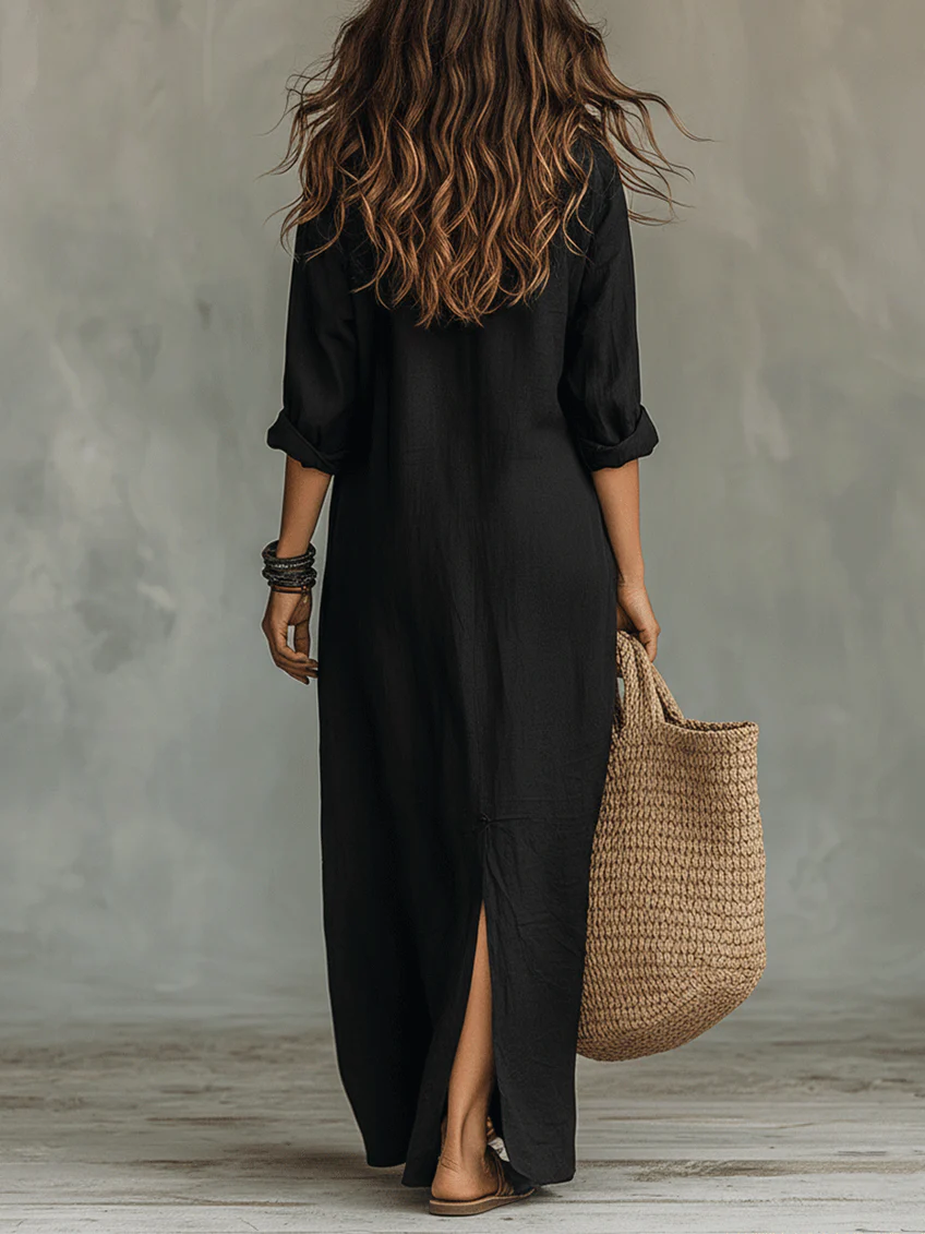 Anna-Berg | Sculpted Long Black Dress With Buttons