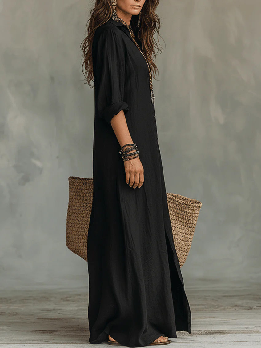 Anna-Berg | Sculpted Long Black Dress With Buttons