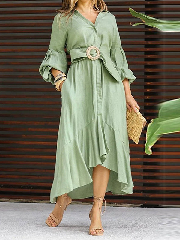 Anna-Berg | High-Low Puff Sleeves Pleated Solid Dress