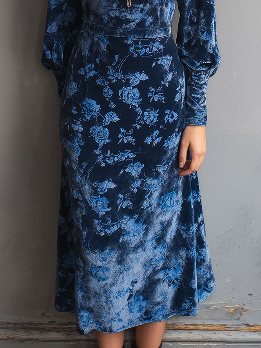Anna-Berg | Retro Turtleneck Rose Print Velvet Dress