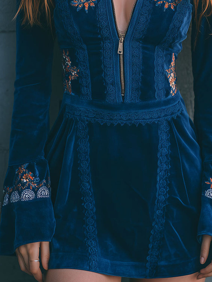 Anna-Berg | Blue Velvet Embroidered Casual Dress