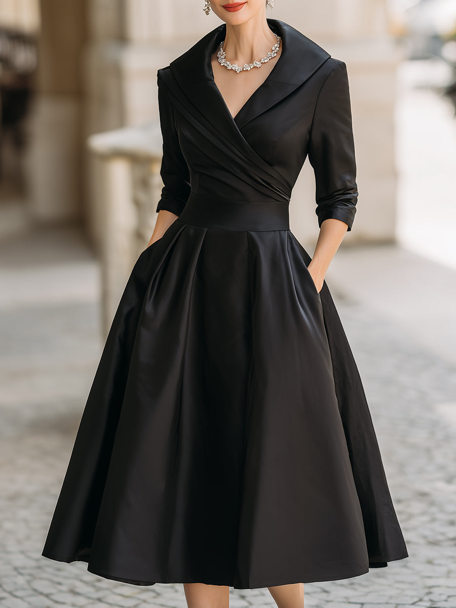 Anna-Berg | Vintage-Inspired Satin Midi Dress With Draped Collar