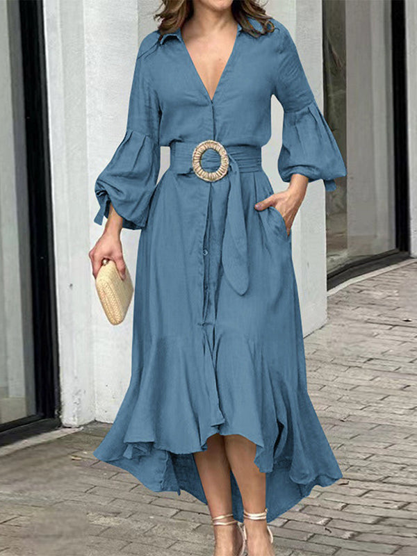 Anna-Berg | High-Low Puff Sleeves Pleated Solid Dress