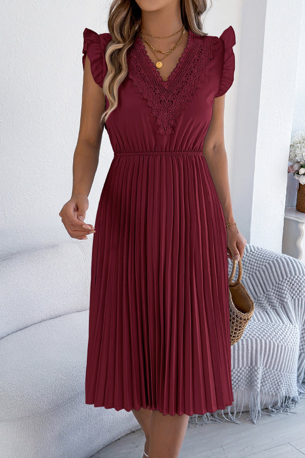Anna-Berg | Solid Color V-Neck Lace-Trimmed Sleeveless Dress