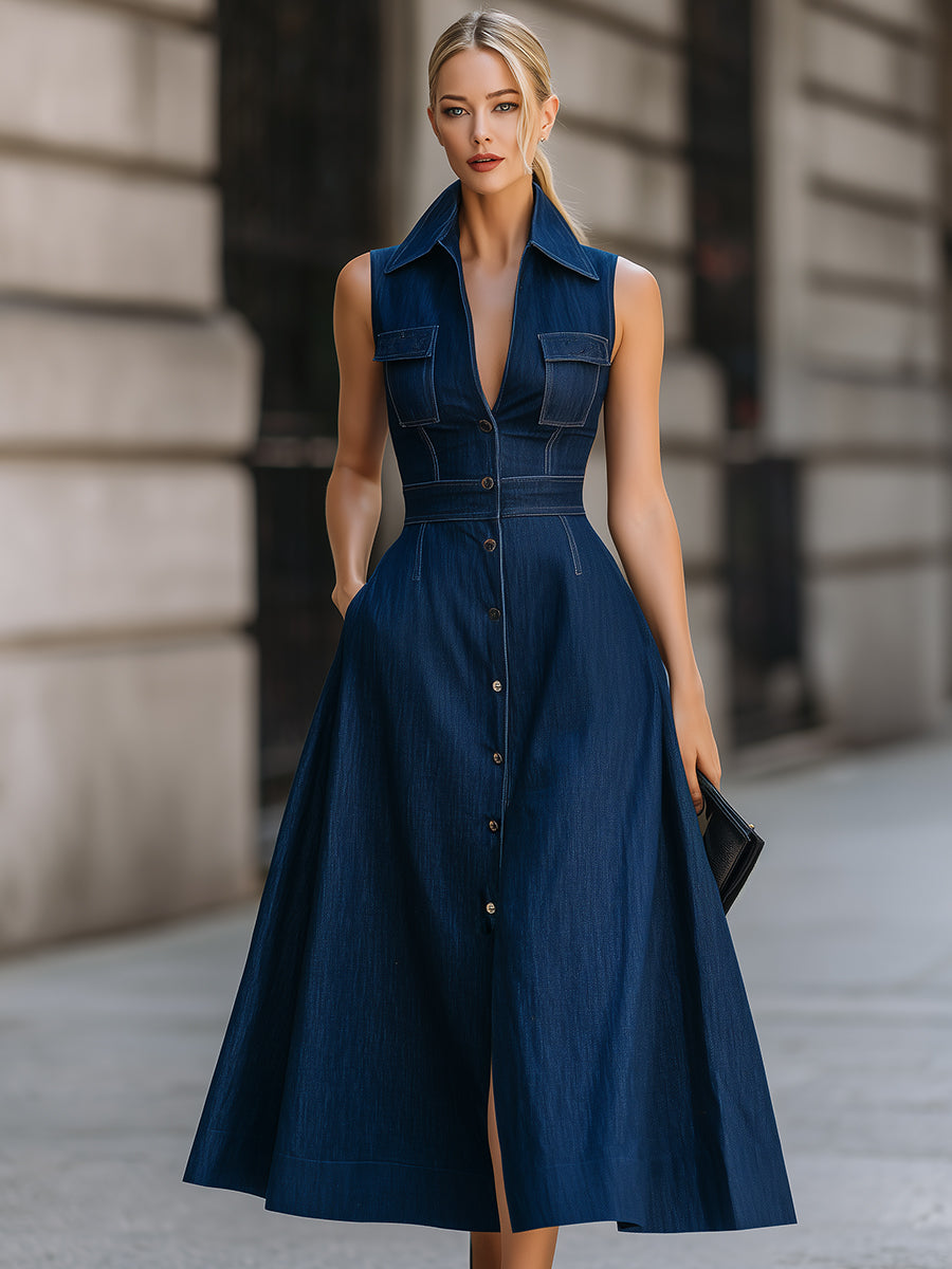 Anna-Berg | Retro Denim Button-Front Shirt Dress
