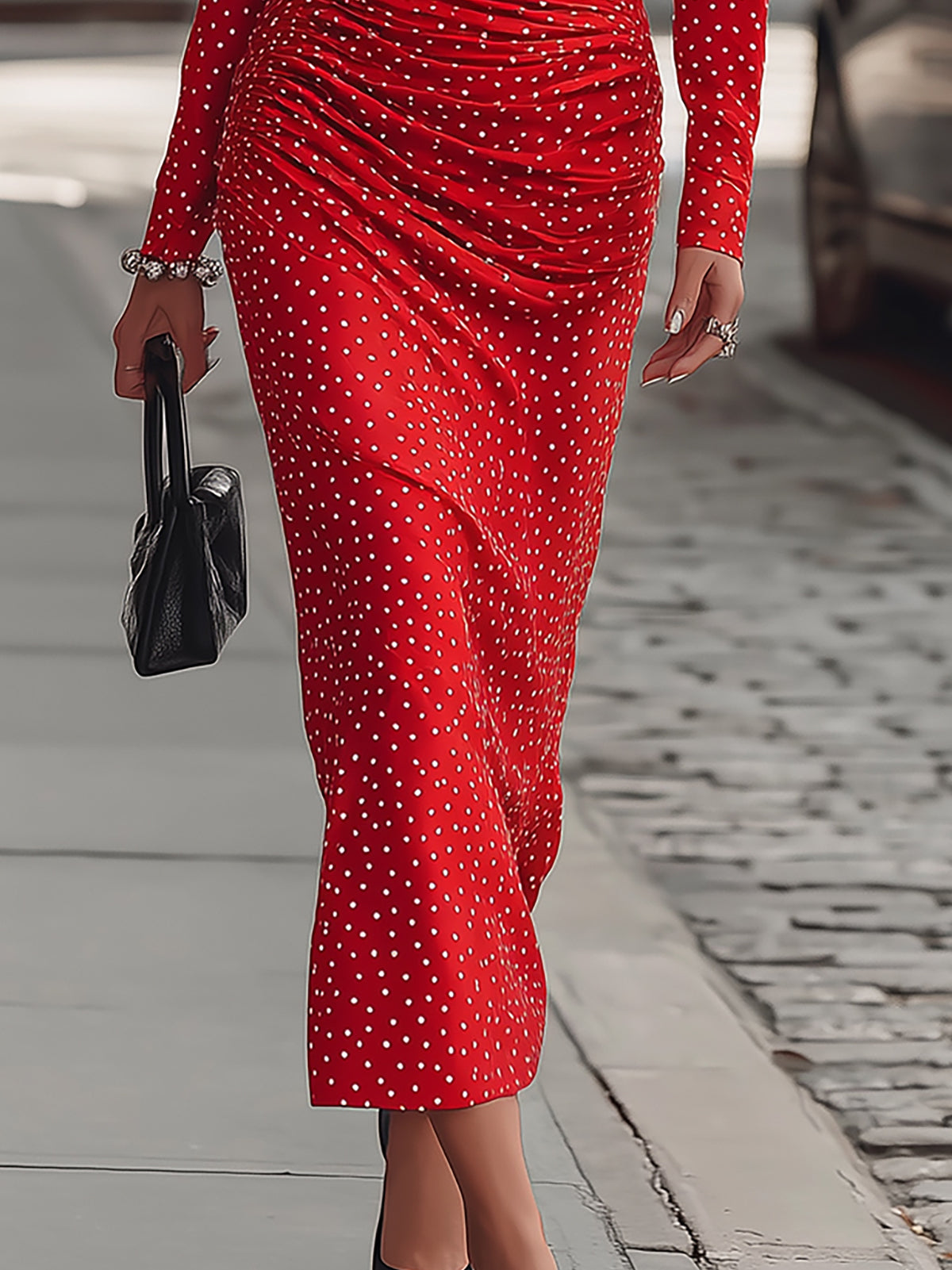 Anna-Berg | Elegant Red Polka Dot Satin Dress