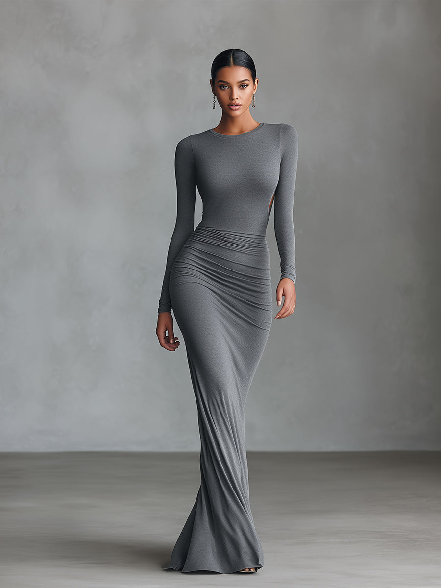 Anna-Berg | Grey Knit Ruched Evening Dress