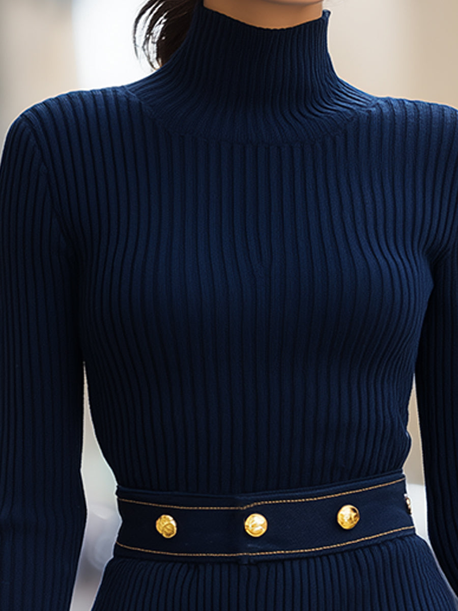 Anna-Berg | Navy Ribbed Knit Dress With Gold-Tone Button Denim Pocket Details