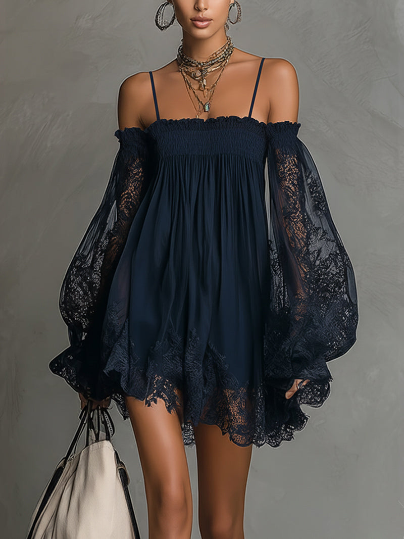 Anna-Berg | Chic Mini Dress In Navy Blue Chiffon With Off-the-shoulder Neckline, Lace Trim, And Sheer Sleeves