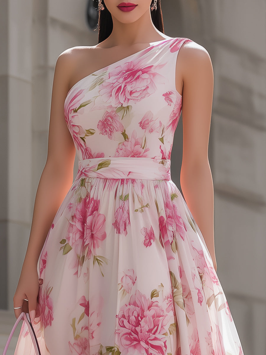 Anna-Berg | Pink Floral One-Shoulder Chiffon Dress