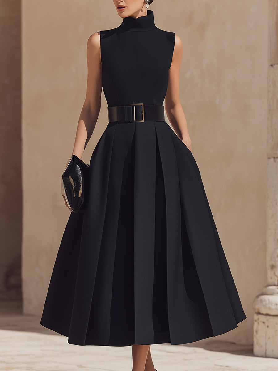 Anna-Berg | Belted High-Neck Pleated Sleeveless Dress