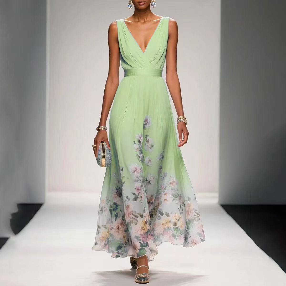 Anna-Berg | Elegant Floral Border Print Sleeveless Maxi Dress - V-Neck