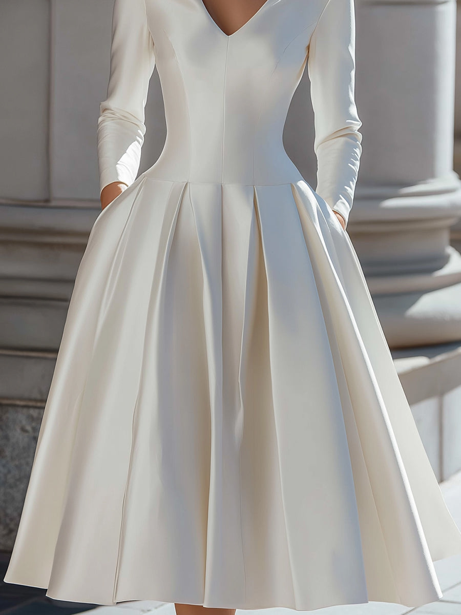 Anna-Berg | Elegant Satin V-Neck Pleated A-Line Midi Dress