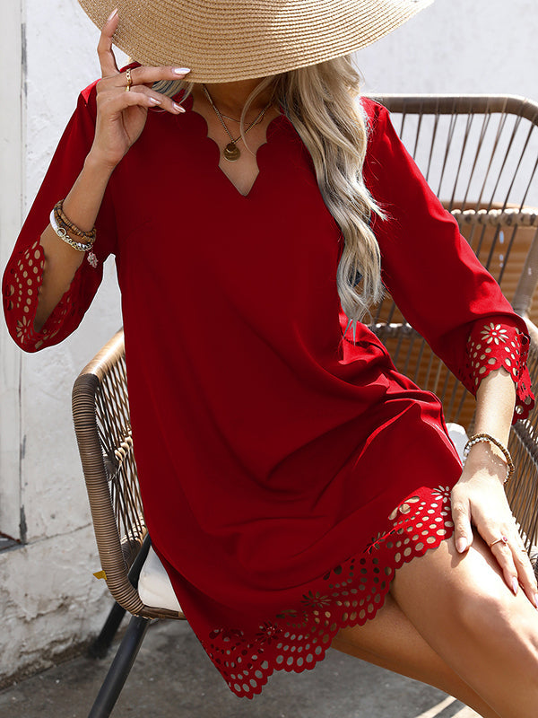 Anna-Berg | A-Line Loose Hollow Solid Color Dress