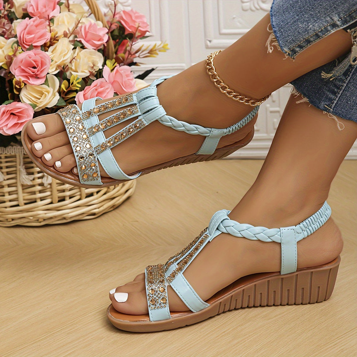 Anna-Berg | Modern Rhinestone Woven Sandals for Effortless Elegance