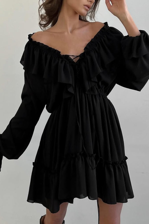 Anna-Berg | Solid Color V-Neck Ruffled Ruched Dress
