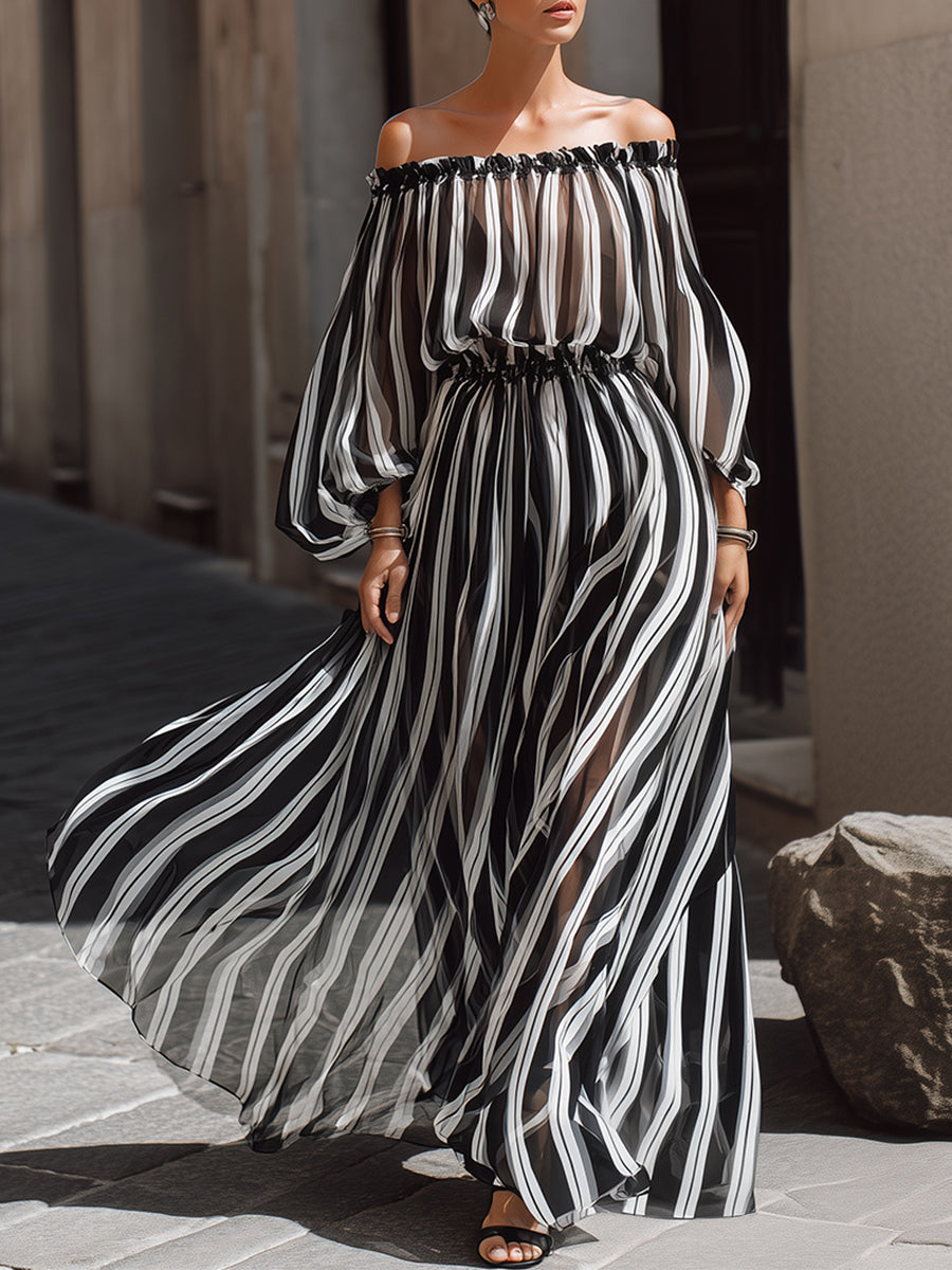 Anna-Berg | Elegant Off-The-Shoulder Vertical Stripe Chiffon Dress
