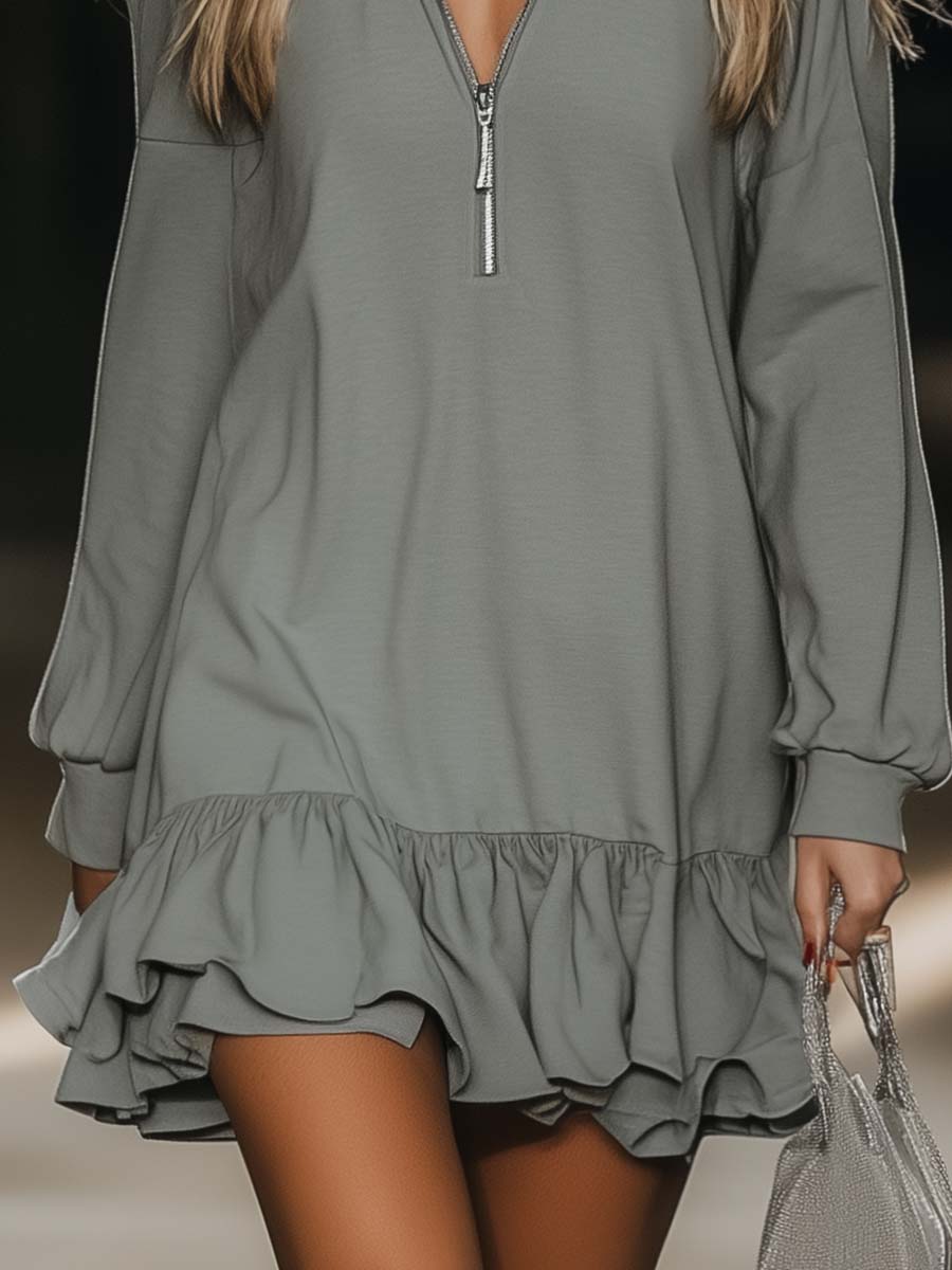 Anna-Berg | Grey V-Neck Casual Dress