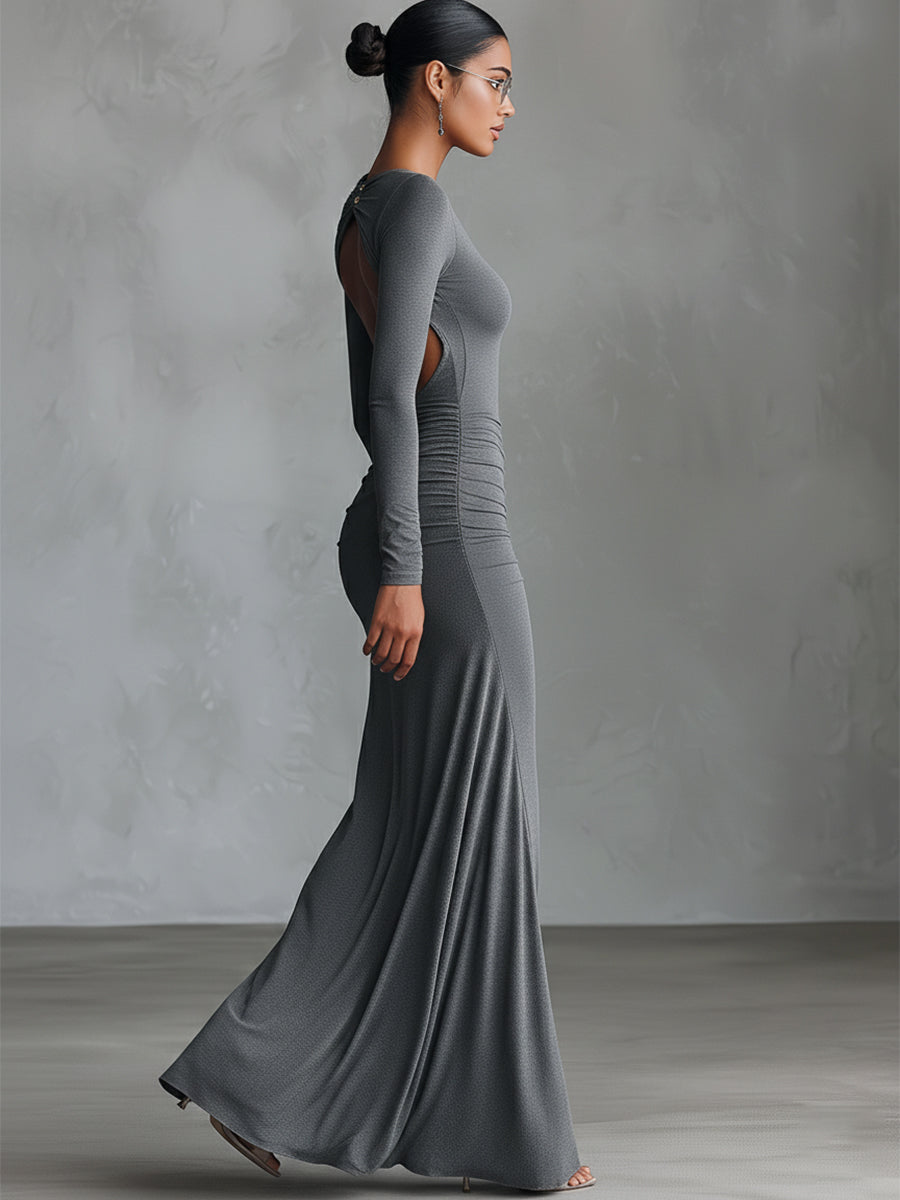 Anna-Berg | Grey Knit Ruched Evening Dress